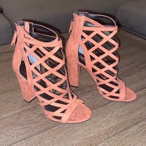 Guess Eriel caged heels in “light pink”